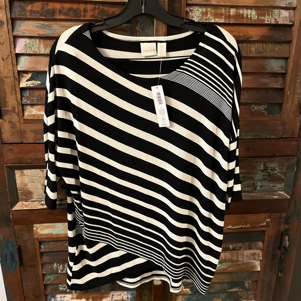 NWT Chico’s Mixed Stripe Top 3/4 Sleeve Tee Shirt Black White 0